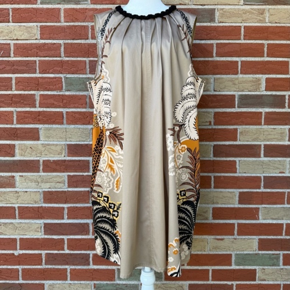 Marc Cain Deep Sand Tan Floral Leaf Pattern Sleeveless A-line Dress Size N7 👗